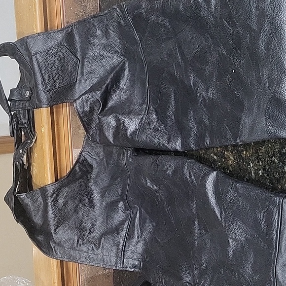 Diamond Plate Buffalo Leather Black Lined Pebbled Leather Motorcycle Chaps Sz XL - Picture 5 of 9